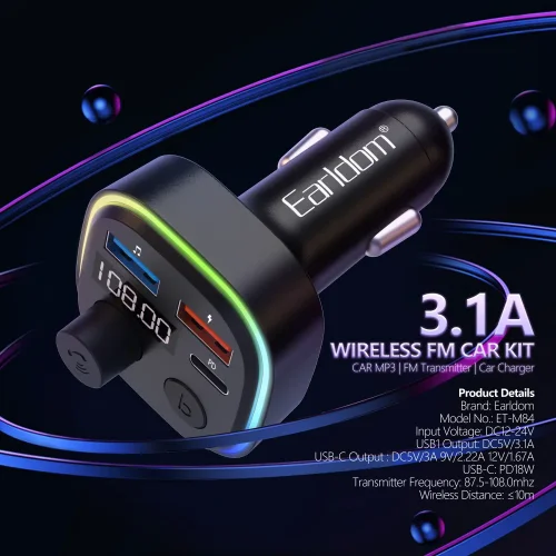 EARLDOM M84 FM трансмитер (2USB изход + 1USB-C, microSD, Bluetooth), 3.1A, с подсветка