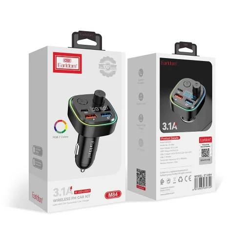 EARLDOM M84 FM трансмитер (2USB изход + 1USB-C, microSD, Bluetooth), 3.1A, с подсветка