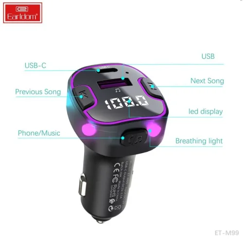 EARLDOM M99 FM Трансмитер с бързо зареждане за кола 1USB-C1USB 3.1A с амбиентно осветление