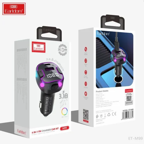 EARLDOM M99 FM Трансмитер с бързо зареждане за кола 1USB-C1USB 3.1A с амбиентно осветление