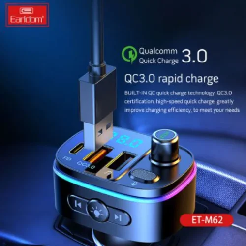 EARLDOM Трансмитер с BT ET- M62 2изх.QC3.0 + 1изх.PD USB-C с амбиентно осветление