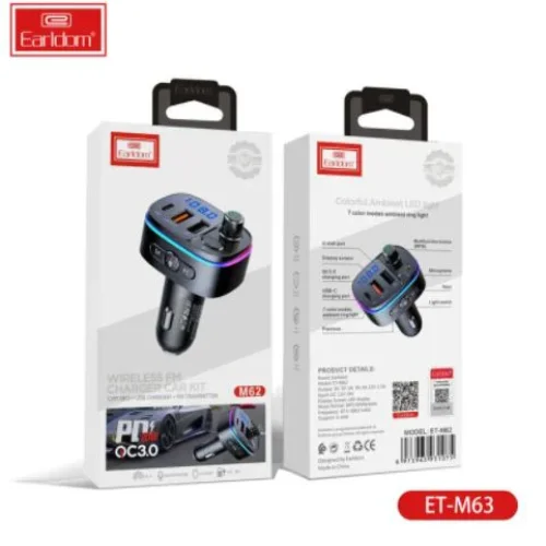 EARLDOM Трансмитер с BT ET- M62 2изх.QC3.0 + 1изх.PD USB-C с амбиентно осветление