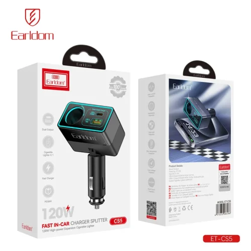 EARLDOM Зарядно за запалка CS5 120W с USB-C PD 30W, USB-A QC 18W и допълнително гнездо
