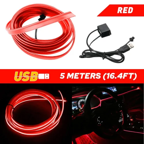 EL-5M LED Лед лента USB за интериор кола тип неон fiber 5М. – Червен