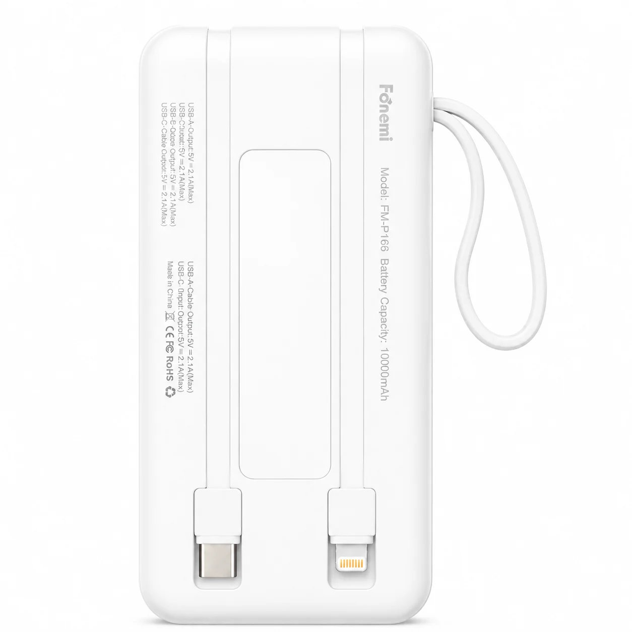 Fonemi FM-P167 (Бял) Соларна преносима батерия с вградени кабели 10,000mAh 2.4A