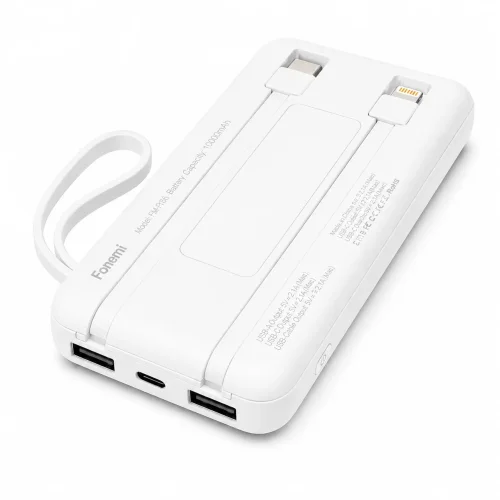 Fonemi FM-P167 (Бял) Соларна преносима батерия с вградени кабели 10,000mAh 2.4A