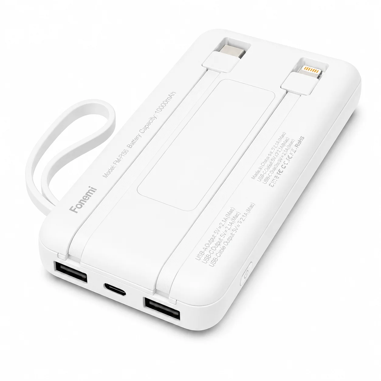 Fonemi FM-P167 (Бял) Соларна преносима батерия с вградени кабели 10,000mAh 2.4A