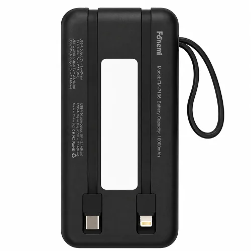 Fonemi FM-P167 (Черен) Соларна преносима батерия с вградени кабели 10,000mAh 2.4A
