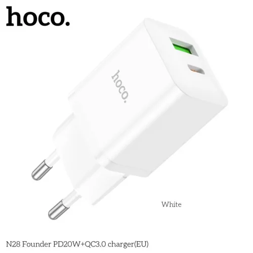 HOCO 20W Адаптер N28 с изх. USB-C + USB PD-20W + QC3.0A – Бял