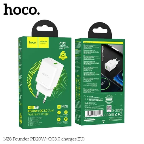 HOCO 20W Адаптер N28 с изх. USB-C + USB PD-20W + QC3.0A – Бял
