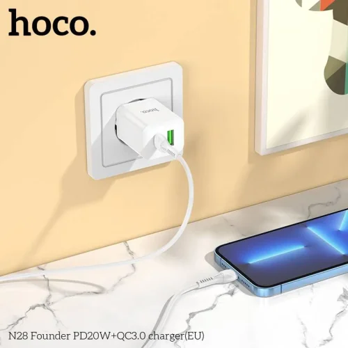 HOCO 20W Адаптер N28 с изх. USB-C + USB PD-20W + QC3.0A – Бял