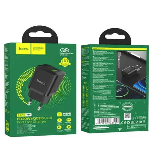 HOCO 20W Адаптер N28 с изх. USB-C + USB PD-20W + QC3.0A – Черен