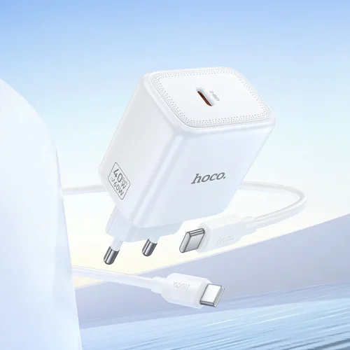 HOCO 220V N83 GaN PD60W зарядно + каб. Type-C към Type-C – Бял