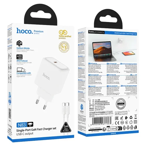 HOCO 220V N83 GaN PD60W зарядно + каб. Type-C към Type-C – Бял