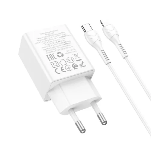 HOCO 220V Зарядно „N69 PD20W + QC3.0 Type-C към Lightning – Бял