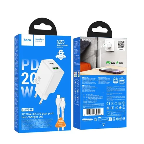 HOCO 220V Зарядно „N69 PD20W + QC3.0 Type-C към Lightning – Бял