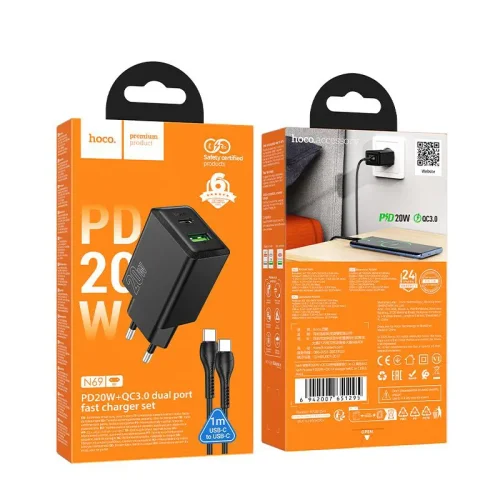 HOCO 220V Зарядно „N69 PD20W + QC3.0 Type-C към Type-C – Черен