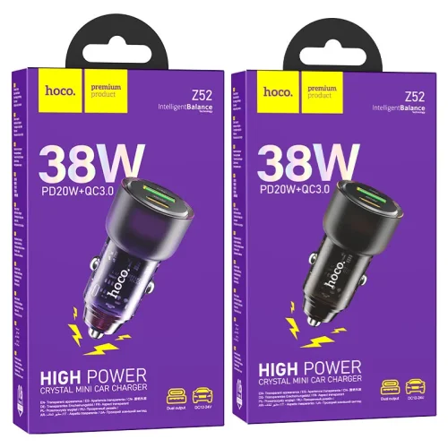 HOCO адаптер 12V Z52 с 2 изходa USB QC3.0 и USB-C PD20W – Черен