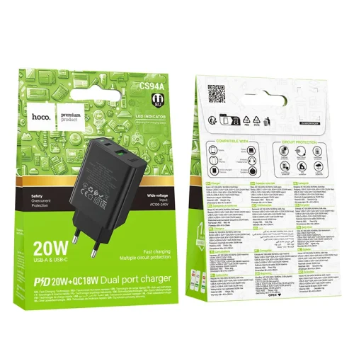 HOCO Адаптер CS94A PD20W + QC18W USB / USB-C – Черен