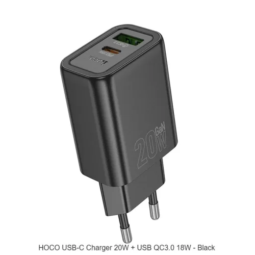 HOCO Адаптер „N61 Gentle“ 20W + USB QC3.0 18W – Черен