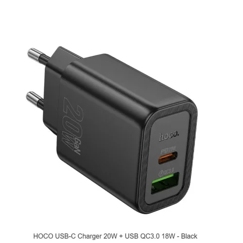 HOCO Адаптер „N61 Gentle“ 20W + USB QC3.0 18W – Черен