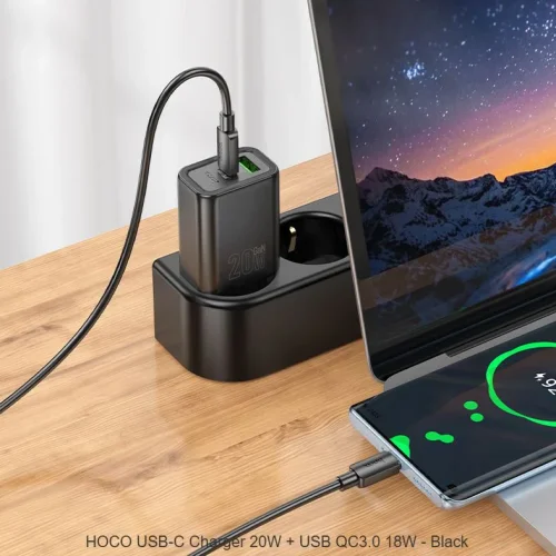 HOCO Адаптер „N61 Gentle“ 20W + USB QC3.0 18W – Черен