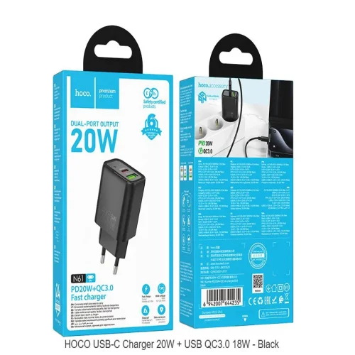 HOCO Адаптер „N61 Gentle“ 20W + USB QC3.0 18W – Черен