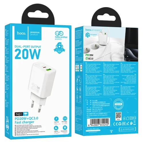 HOCO Адаптер „N61 Gentle“ PD20WUSB-C + QC3.0 18W – Бял