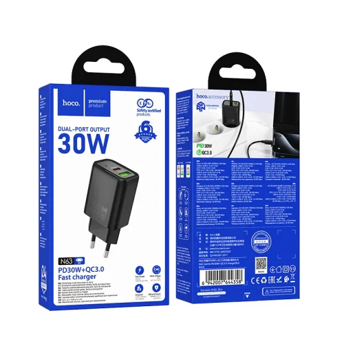 HOCO Адаптер N63 Gentle PD30W USB-C + USB QC3.0 – Черен
