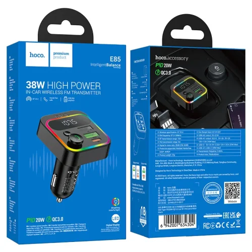 HOCO E85 FM 38W. модулатор трансмитер (2 USB изхода + 1 USB-C, microSD, Bluetooth)