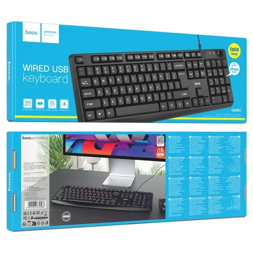 HOCO GM60 Cool Жична клавиатура USB-A – 104 клавиша, Ергономичен дизайн, Черна