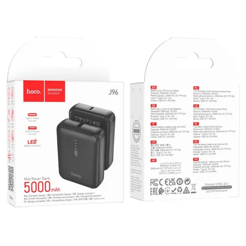 HOCO J96 мини Външна батерия 5,000mAh 1XUSB-C 81*62*25 – Черен