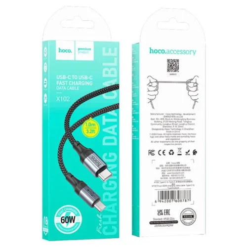 HOCO Кабел “X102 Fresh” 60W Type-C към Type-C (1M) – Черен