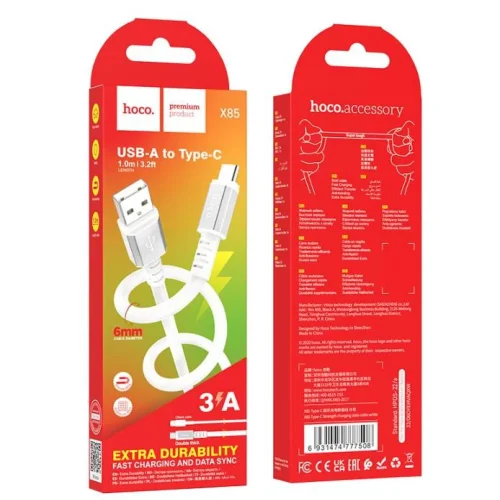 HOCO Кабел „X85 Strength“ 60W Type-C към Type-C (1M) – Бял