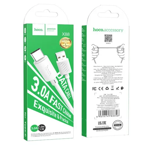 HOCO Кабел X88 USB към TYPE-C, 3A, 2M – Бял