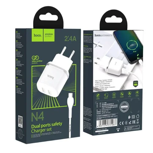 HOCO N4 двоен USB комплект за зареждане с кабел USB към TYPE-C 1M.