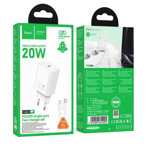 HOCO N60 USB-C 20W зарядно устройство с Type-C към Lightning кабел – Бял