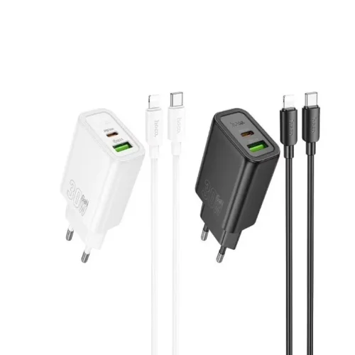 HOCO N63 Зарядно GaN USB USB-C PD30W TYPE-C към Lightning- Бял