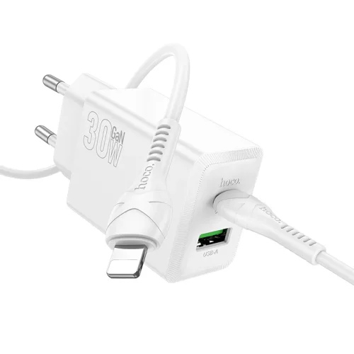 HOCO N71 PD30W + USB QC3.0 зарядно + кабел Type-C към Lightning – Бял
