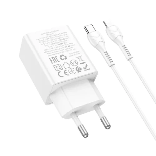 HOCO N71 PD30W + USB QC3.0 зарядно + кабел Type-C към Lightning – Бял