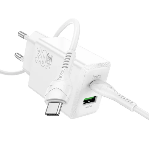 HOCO N71 PD30W + USB QC3.0 зарядно + кабел Type-C към Type-C – Бял