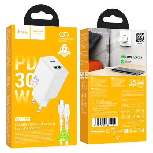 HOCO N71 PD30W + USB QC3.0 зарядно + кабел Type-C към Type-C – Бял