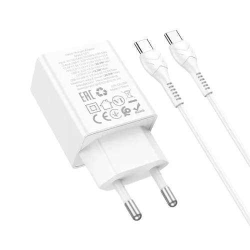 HOCO N71 PD30W + USB QC3.0 зарядно + кабел Type-C към Type-C – Бял