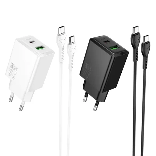 HOCO N71 PD30W + USB QC3.0 зарядно + кабел Type-C към Type-C – Бял