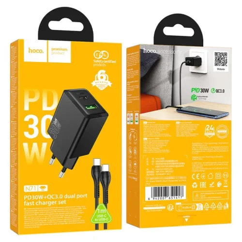 HOCO N71 PD30W + USB QC3.0 зарядно + кабел Type-C към Type-C – Черен