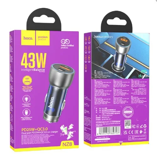 HOCO NZ8 12v. зарядно за кола 43W QC3.0USB + PD25W Dual Port – Черен