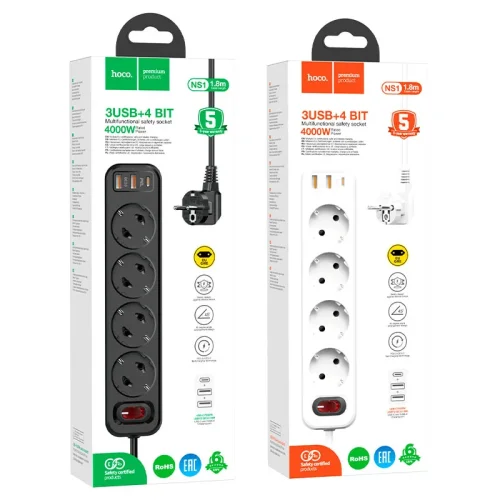 HOCO Разклонител NS1 с 4 гнезда + 2 USB порта 2.4A + 1 USB-C 4000W
