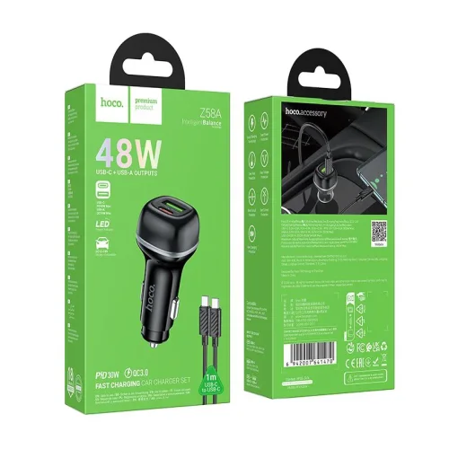HOCO Z58A Зарядно за кола USB + USB-C PD20W + QC3.0 48W – Type-C към Lightning