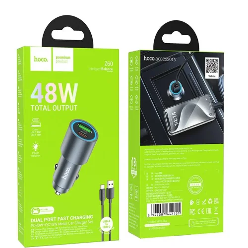 HOCO Z60 Зарядно за кола USB + USB-C PD20W + QC3.0 38W – USB към Type-C