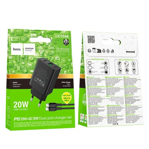 HOCO Зарядно CS94A PD20W + QC18W USB / USB-C с кабел Type-C към Type-C